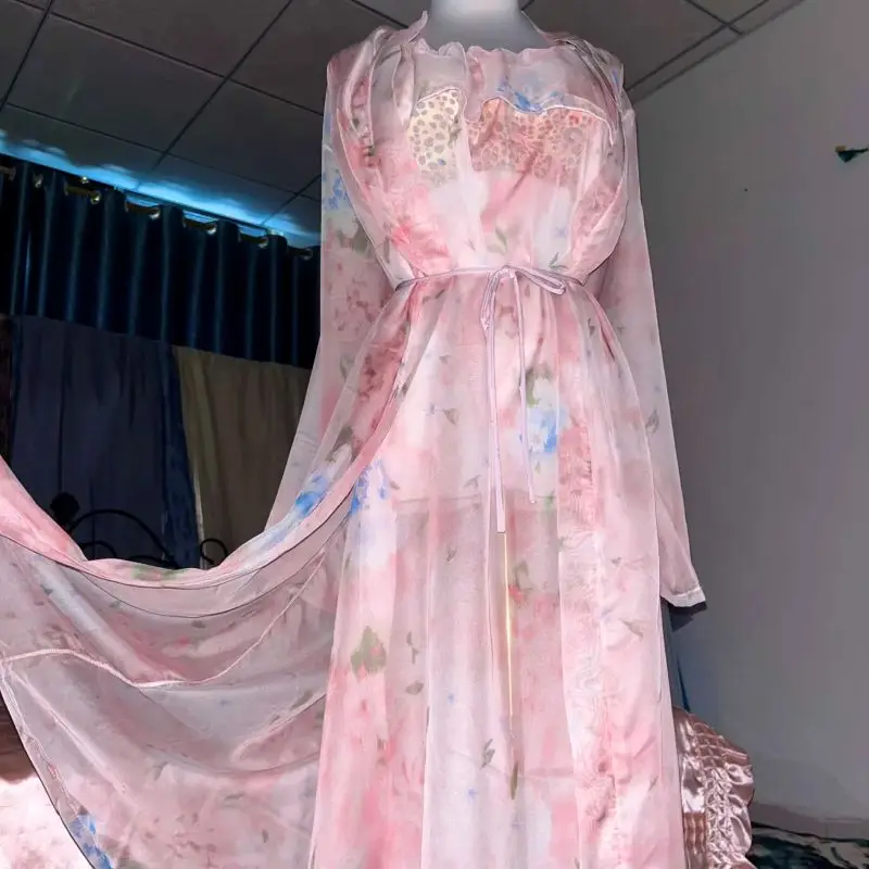 Robe Silk Women - Розовая шелковая прозрачная ночная рубашка с